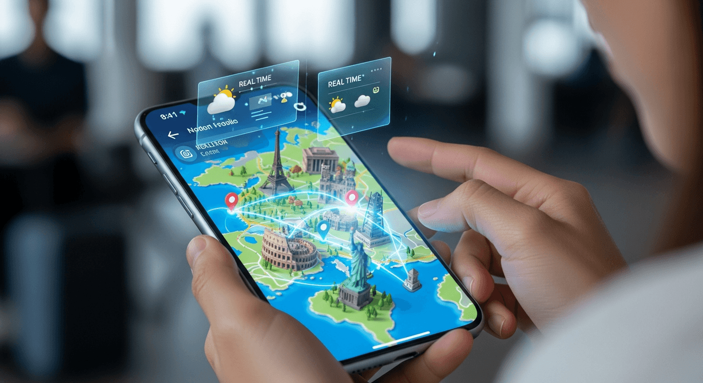 Person-using-phone-with-vibrant-3D-visual-travel-map-interface