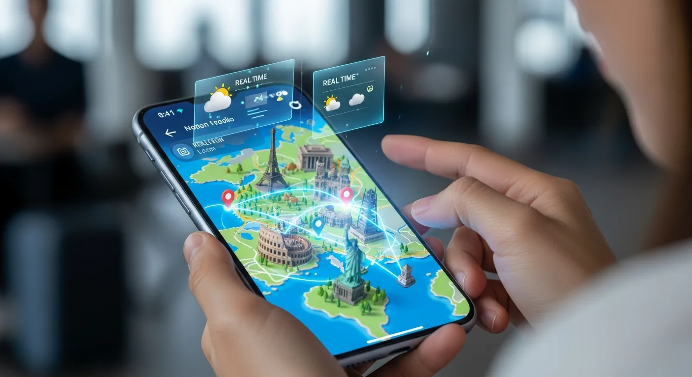 Person-using-phone-with-vibrant-3D-visual-travel-map-interface