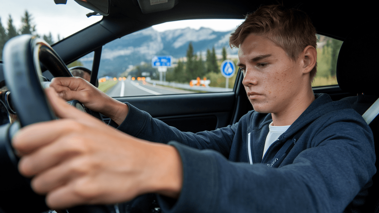 Teen driver missing road sign while focused on gear shifting
