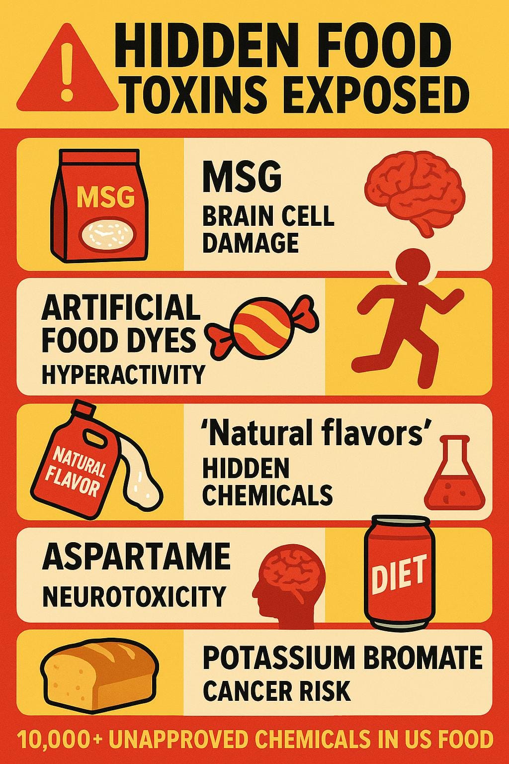 Visual showing common excitotoxins found in everyday processed foods and their effects on brain neurons