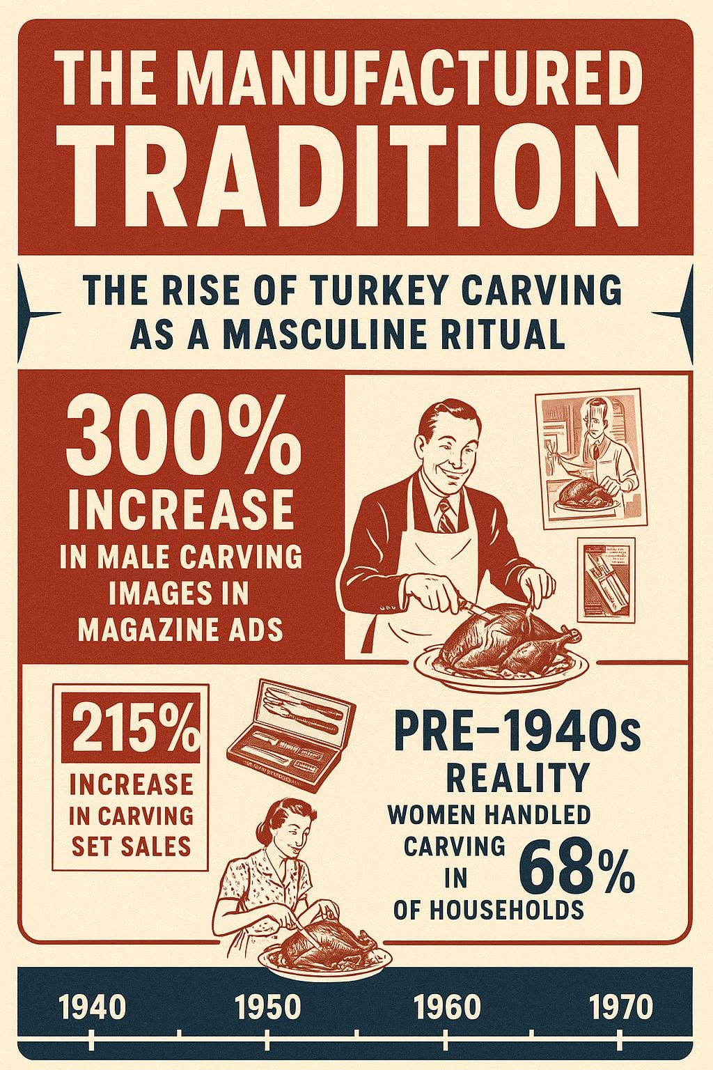 Norman Rockwell's 'Freedom from Want' painting next to 1950s carving set advertisements showing masculine imagery