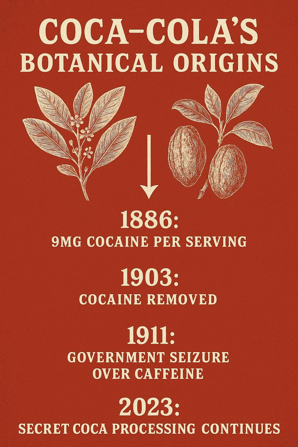 Original Coca-Cola bottle and advertisements showing the botanical ingredients