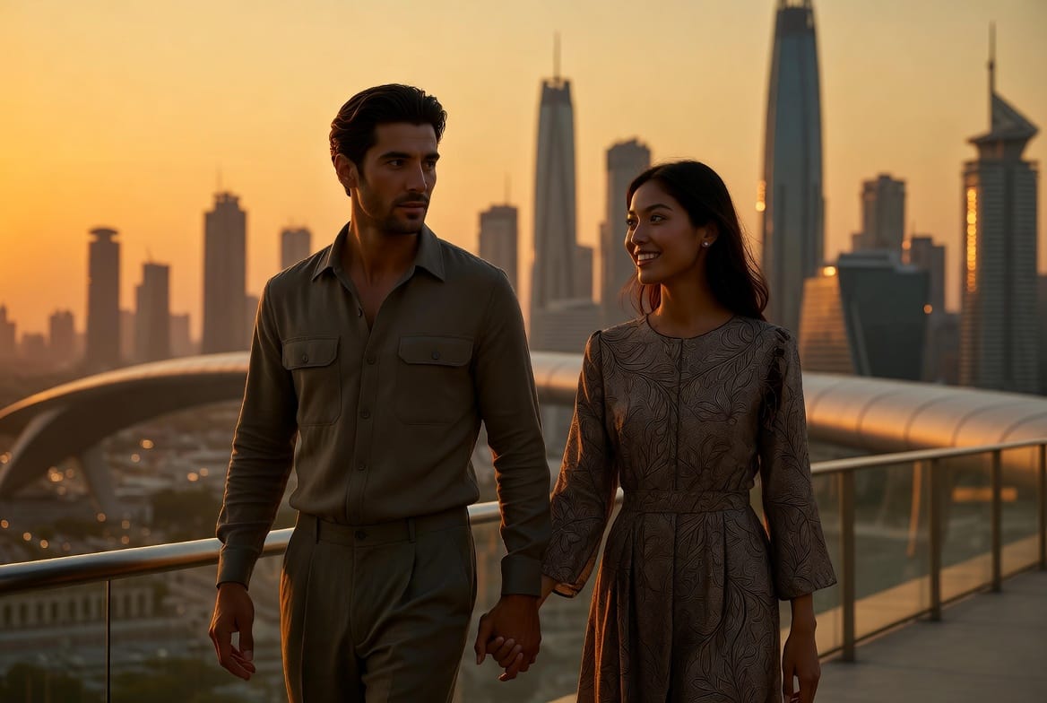 A modern cross-cultural couple smiling and sharing a moment together.